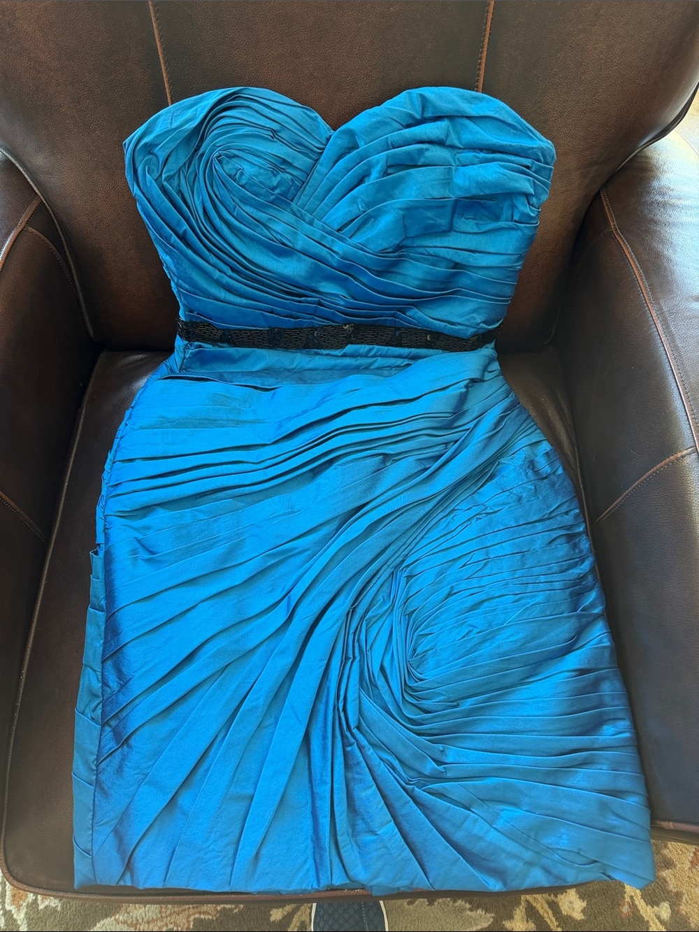 Monique Lhuillier Strapless Pleated Teal-Blue Cocktail Dress